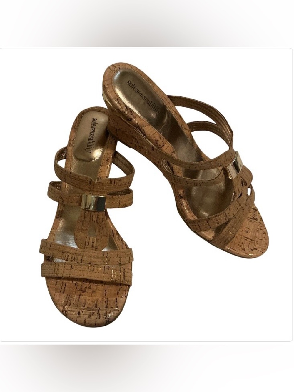 Sole Senseability Cork Print Slide Sandals Gold Hardware Low Heel Mule Sz 7